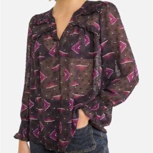 BA&SH Cathel Grey Long Sleeve Smocked Cuff Printed Blouse | Size L